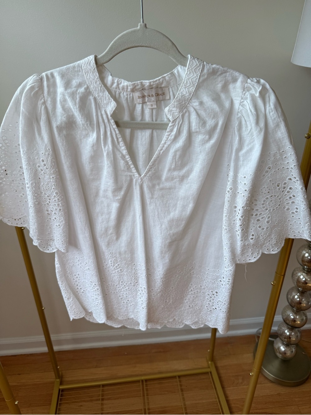 White Eyelet V-Neck Cotton Top